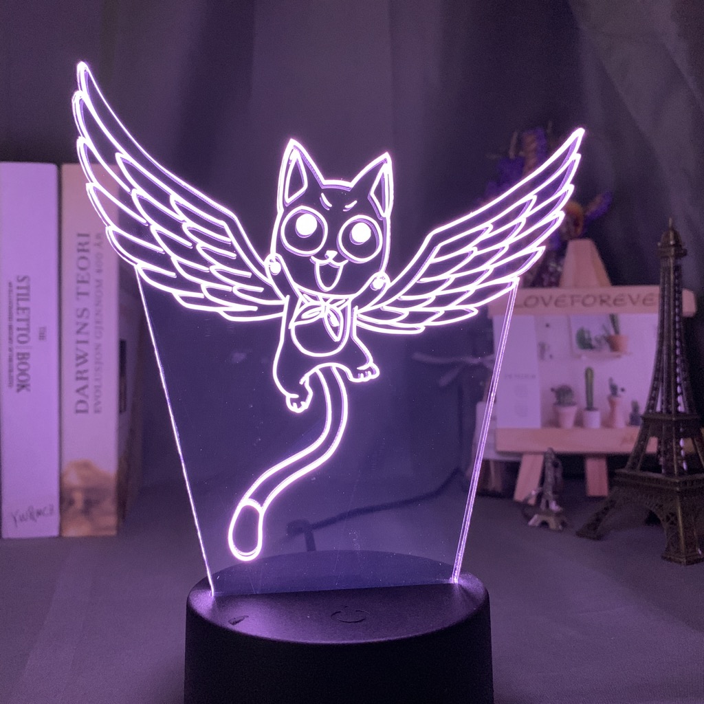 3D 램프 애니메이션 페어리 테일 고양이 해피 플라이 피규어 LED 야간 조명 터치 센서 색상 변경 테이블 램프 어린이 침실 장식 조명